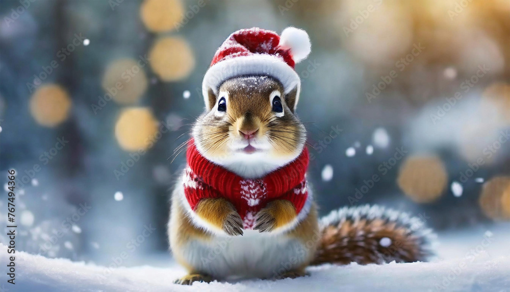 Chipmunk in snow during winter wearing Christmas style hat and sweater, illustration.