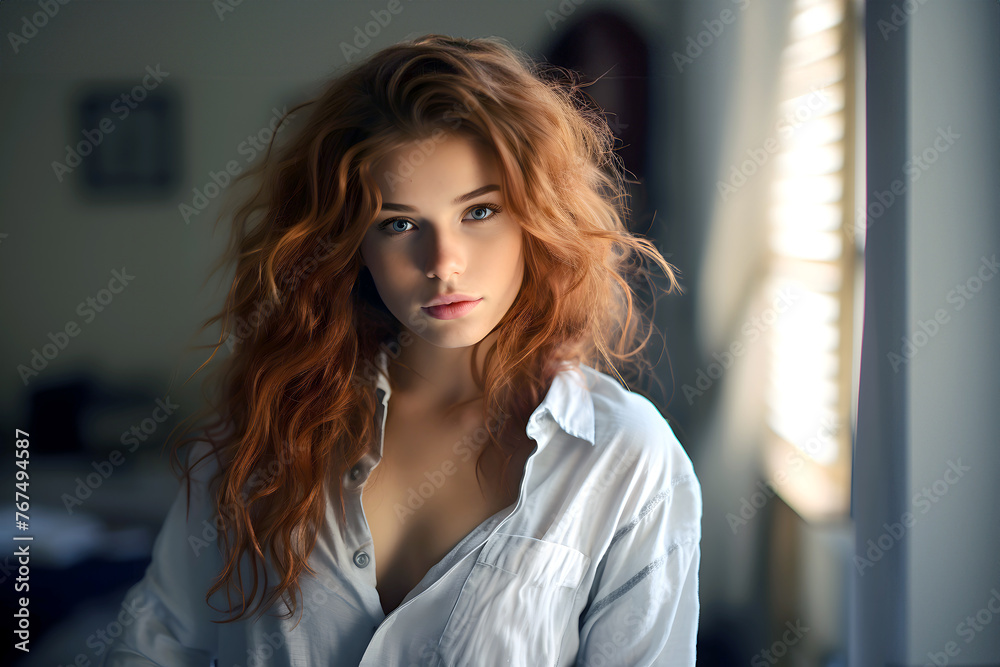 portrait of a beautiful young woman with luxuriant hair in the room. female beauty and health in youth