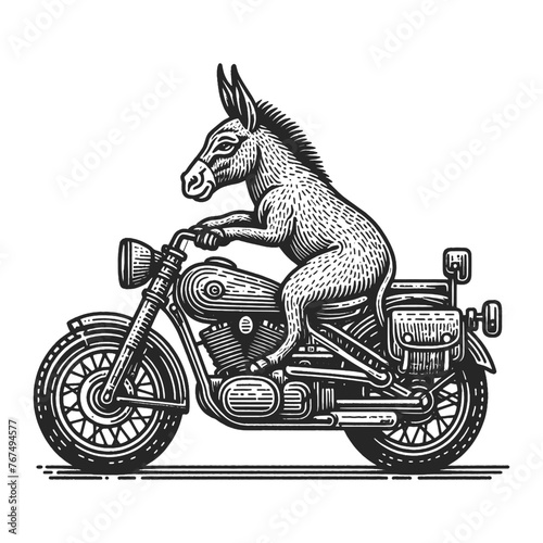 donkey riding a classic motorcycle, with a humorous and whimsical vintage vibe sketch engraving generative ai vector illustration. Scratch board imitation. Black and white image.