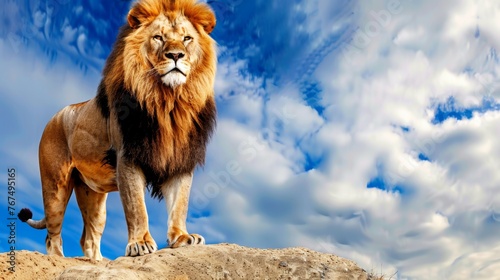  a lion standing on top of a dirt hill under a blue sky with white clouds and a blue sky with wispy clouds.