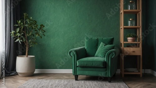 Armchair in green living room with copy space.