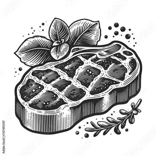 Meat steak sketch engraving generative ai vector illustration. Scratch board imitation. Black and white image.