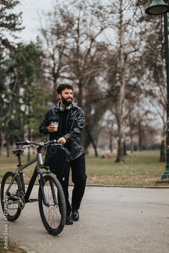 Stylish male entrepreneur enjoys remote work in a serene city park with his bike and coffee.