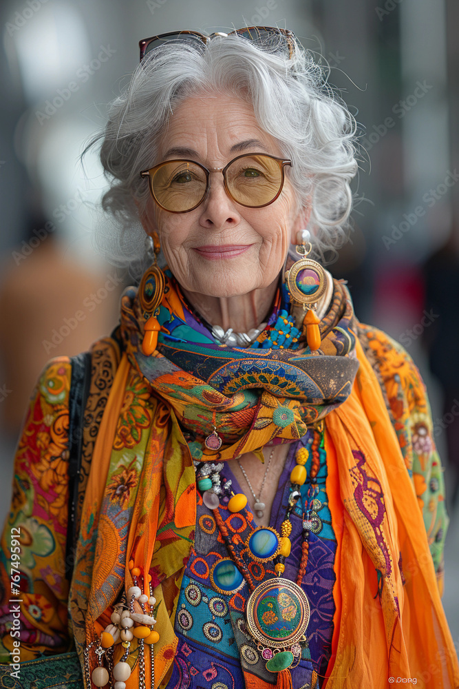 Old elderly beautiful woman with gray hair dressed trendy clothes fancy boots and accessories walking down the crowded street in the summer. Senior street fashion