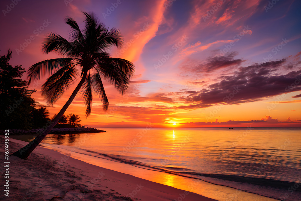Breathtaking Pink and Golden Pantone Sunset View With Palm Silhouette At BN Beach: Nature's Serene Visual Symphony