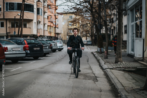 Professional male cyclist in business attire riding a bicycle on an urban street, promoting sustainable transportation.