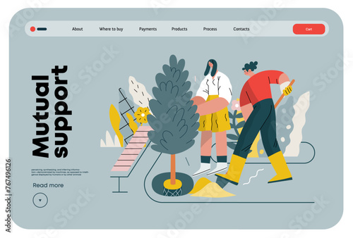 Mutual Support: Community yard improvement -modern flat vector concept illustration of people planting trees and plants A metaphor of voluntary, collaborative exchanges of resource, services