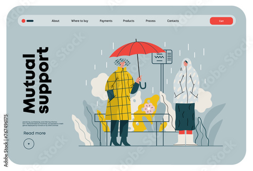 Mutual Support: Offer an umbrella to a stranger -modern flat vector concept illustration of a at a bus stop in the rain offering an umbrella A metaphor of voluntary, collaborative exchanges