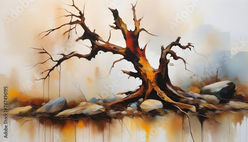 An abstract painting of a dead tree on rocks with a white background 