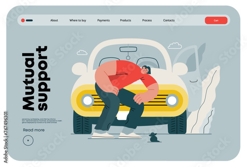 Mutual Support: Adopting a stray animal -modern flat vector concept illustration of man stopping his car for a kitten on the road A metaphor of voluntary, collaborative exchanges of resource, services