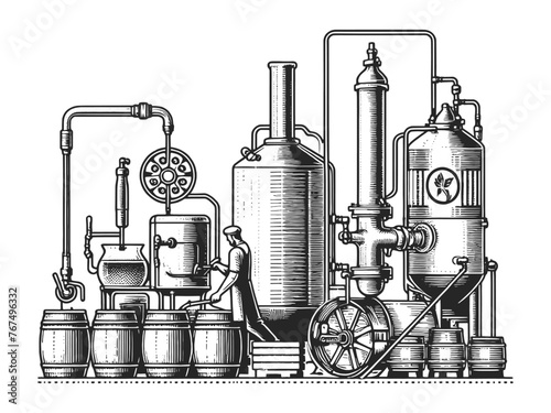 Beer brewing process factory equipment with beer brewing elements and grains. Sketch engraving generative ai vector illustration. Scratch board imitation. Black and white image.