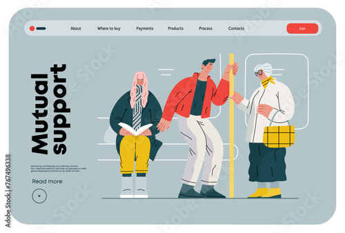 Mutual Support Giving up seat in public transport -modern flat vector concept illustration of man offering his seat to elderly woman on bus A metaphor of voluntary, collaborative exchanges of services
