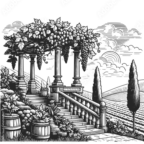 serene Tuscan vineyard landscape with a traditional villa  cypress trees  and distant hills. Sketch engraving generative ai vector illustration. Scratch board imitation. Black and white image.