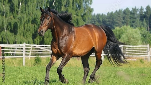  a brown horse galloping in a field of green grass with a white fence behind it and trees in the background.