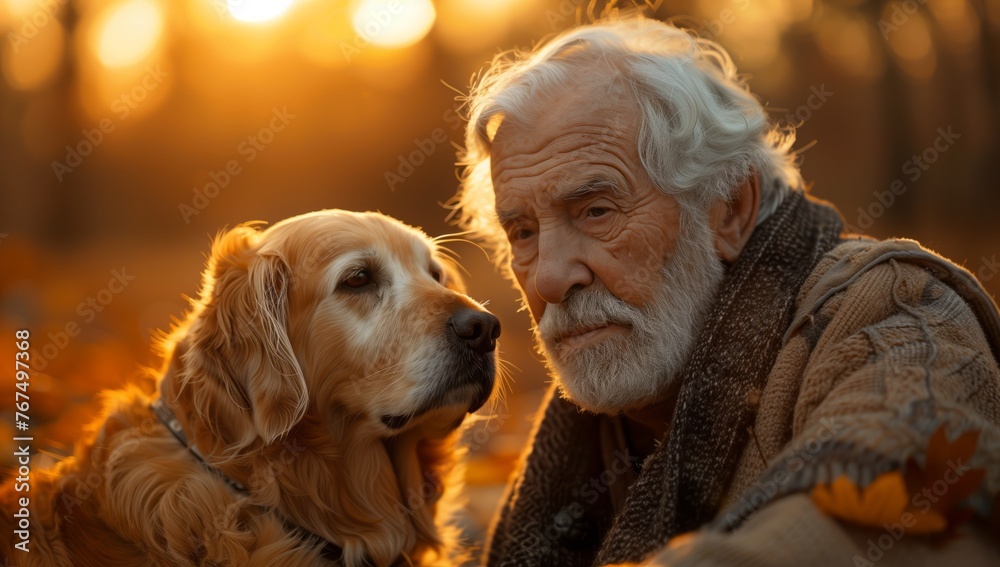 An elderly man is sitting next to a companion dog, a carnivore with a snout, belonging to the sporting group. The dog breed has facial hair, working as a happy and loyal companion in events - obrazy, fototapety, plakaty 