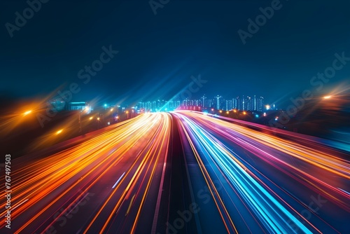 Busy city highway at night with blurred car lights creating an abstract and dynamic long exposure shot. Concept Cityscape Photography, Long Exposure, Urban Nights, Blurred Car Lights, Abstract Art