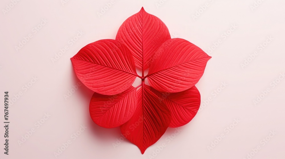 Bright red leaf top view with veins minimalistic background. Floral backdrop concept. Flower petals close up. Floristry hobby. Web banner, greeting card idea