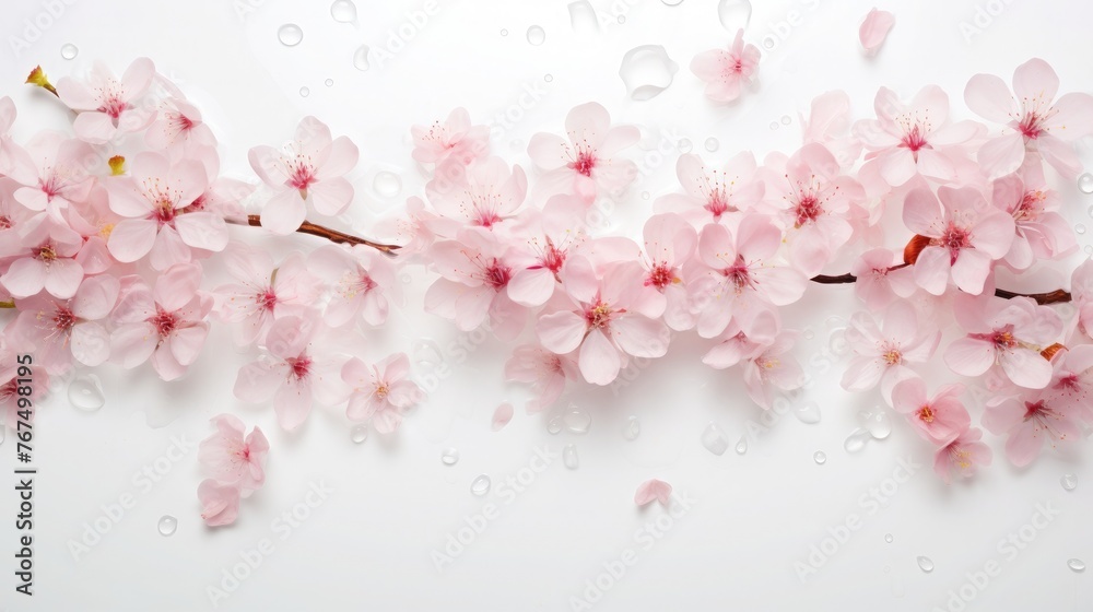 Cherry blossoms and petals on a plain white backdrop