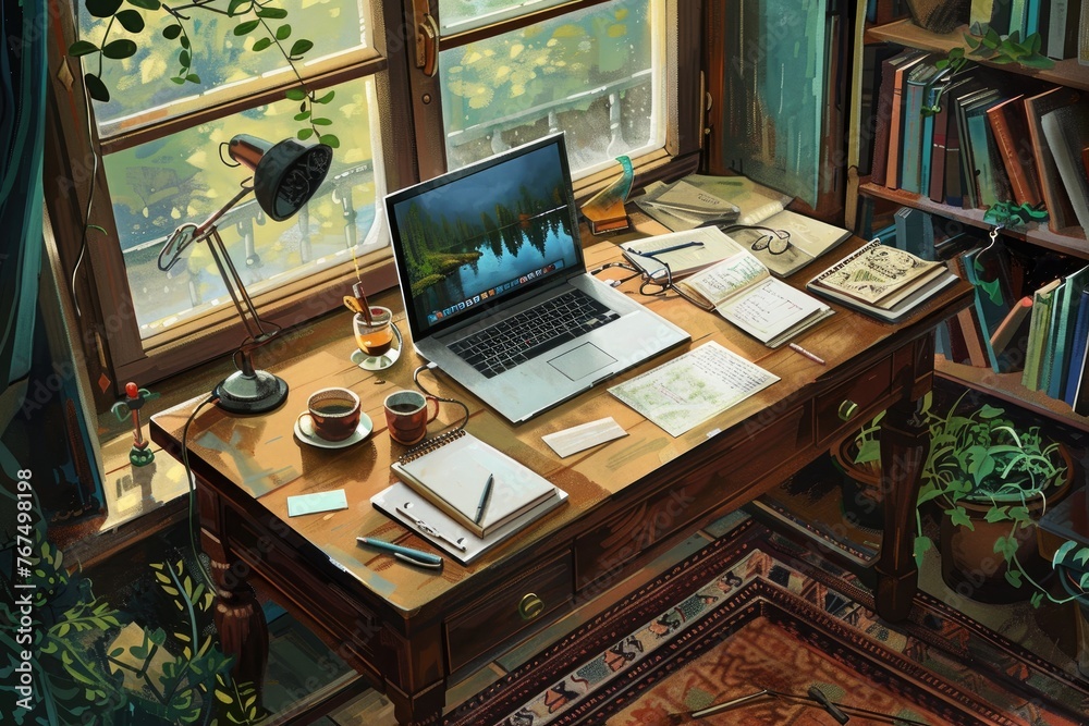 Workplace with laptop, coffee cup and books on wooden table and light coming in through window