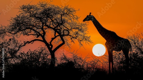  a giraffe standing in front of a tree with the sun setting in the distance in the distance behind it. © Olga