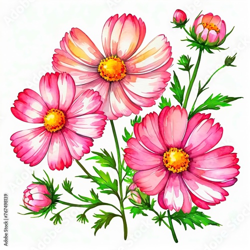 watercolor pink cosmos flowers on white background clip art preview