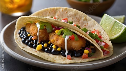 Deep fried fish taco in a black corn torilla photo