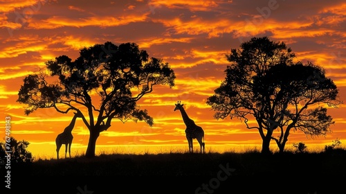  a couple of giraffe standing next to each other on a lush green field under a sky filled with clouds. © Olga