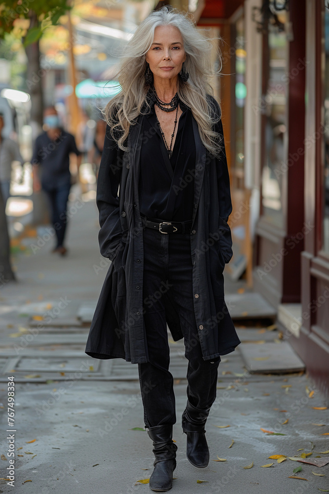 Fototapeta premium Old elderly beautiful woman with gray hair dressed trendy clothes fancy boots and accessories walking down the crowded street in the summer. Senior street fashion