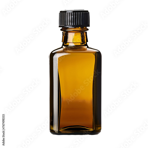 A closed empty rectangular amber glass bottle with black plastic cap on an isolated background