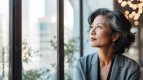 mature optimistic asian businesswoman woman female executive CEO in corporate modern office thinking contemplating and looking out window skyscraper cityscape daytime  photo