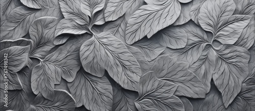 A monochrome photograph of a plant with grey leaves covering a wall, creating a beautiful pattern. The groundcover is accented by the delicate petals of flowering plants, resembling a work of art