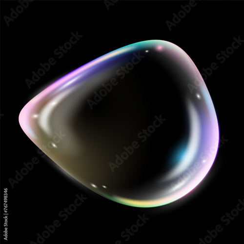 Transparent water realistic glass bubbles 3d vector glass heart shape liquid abstract, fluid with holographic effect. Render of soap water bubble with reflection isolated on black background