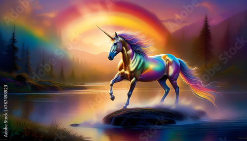 A digital painting of a unicorn in a colorful and magical landscape