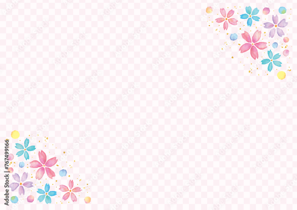 右上と左下に手描きの水彩の桜をあしらったピンクの背景