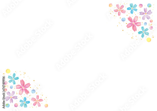 右上と左下に手描きの水彩の桜をあしらった白い背景