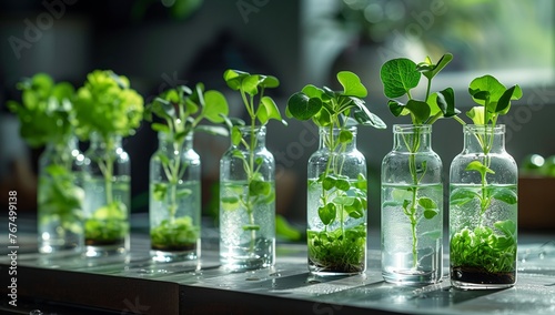 A series of drinkware containers filled with liquid and plants, including terrestrial plants and grass, placed neatly in a row on a table