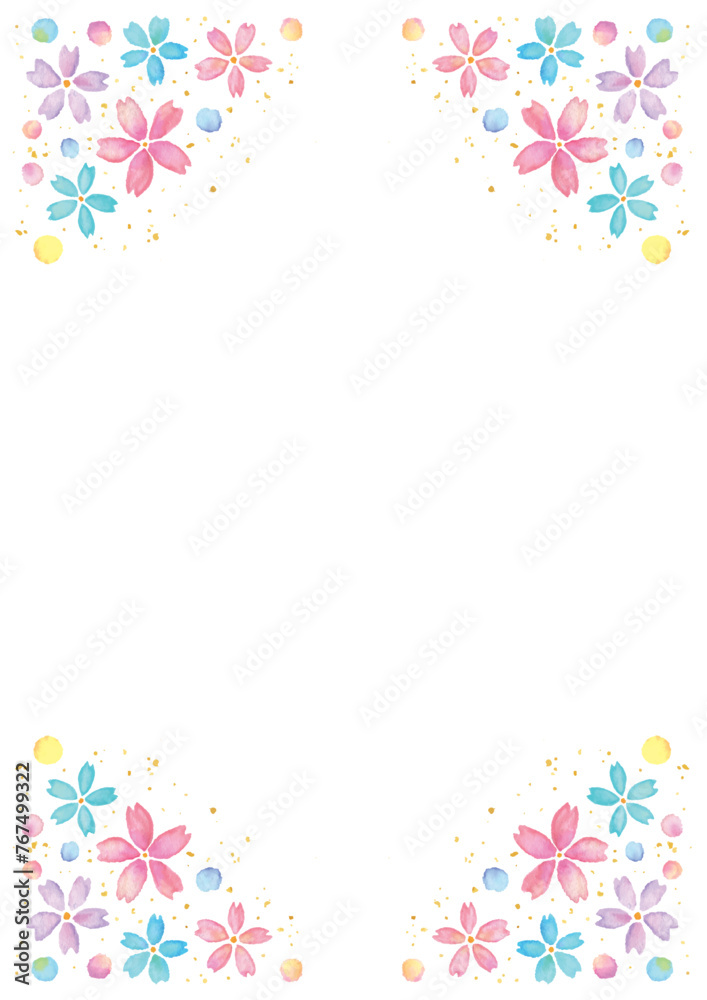 四角に手描きの水彩の桜をあしらった白い背景