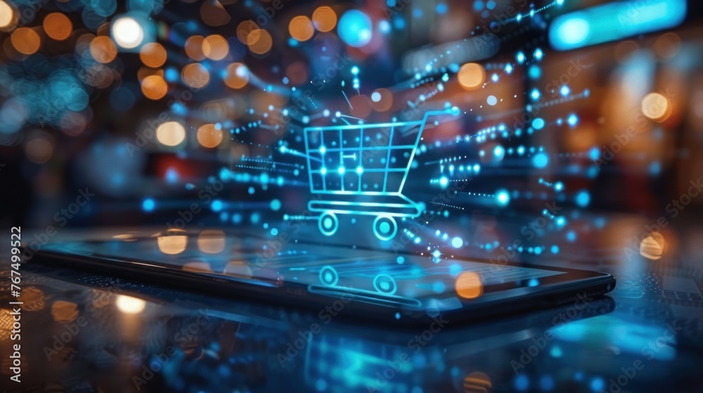 Futuristic augmented reality shopping experience with a glowing digital shopping cart emerging from a tablet in a blurred bokeh background.