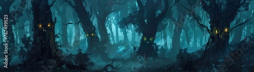 A dense forest at night with the trees appearing to close in and eyes glowing from the darkness photo