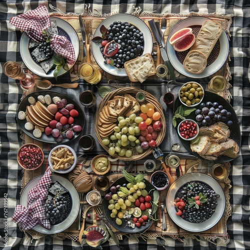 A flat lay of a picnic spread on a checkered blanket arranged to create a symmetrical pattern