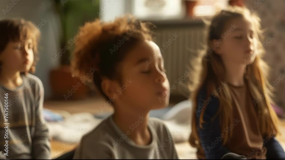 Three children sit in a circle their heads bowed in concentration as they listen to a soothing guided meditation. Soft music plays in the background helping them to focus Three children sit in a circle their heads bowed in concentration as they listen to a soothing guided meditation. Soft music plays in the background helping them to focus