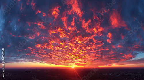 Real majestic sunrise sundown sky background with gentle colorful clouds without birds. #767500371