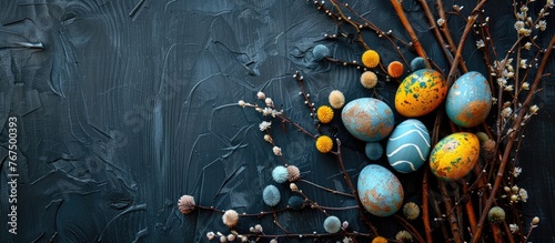 A still life arrangement of decorated Easter eggs, dry willow branches, on a black wooden background, viewed from above with space for text. photo