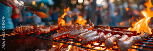 close up of the grill, with flames and meat on it, generative AI