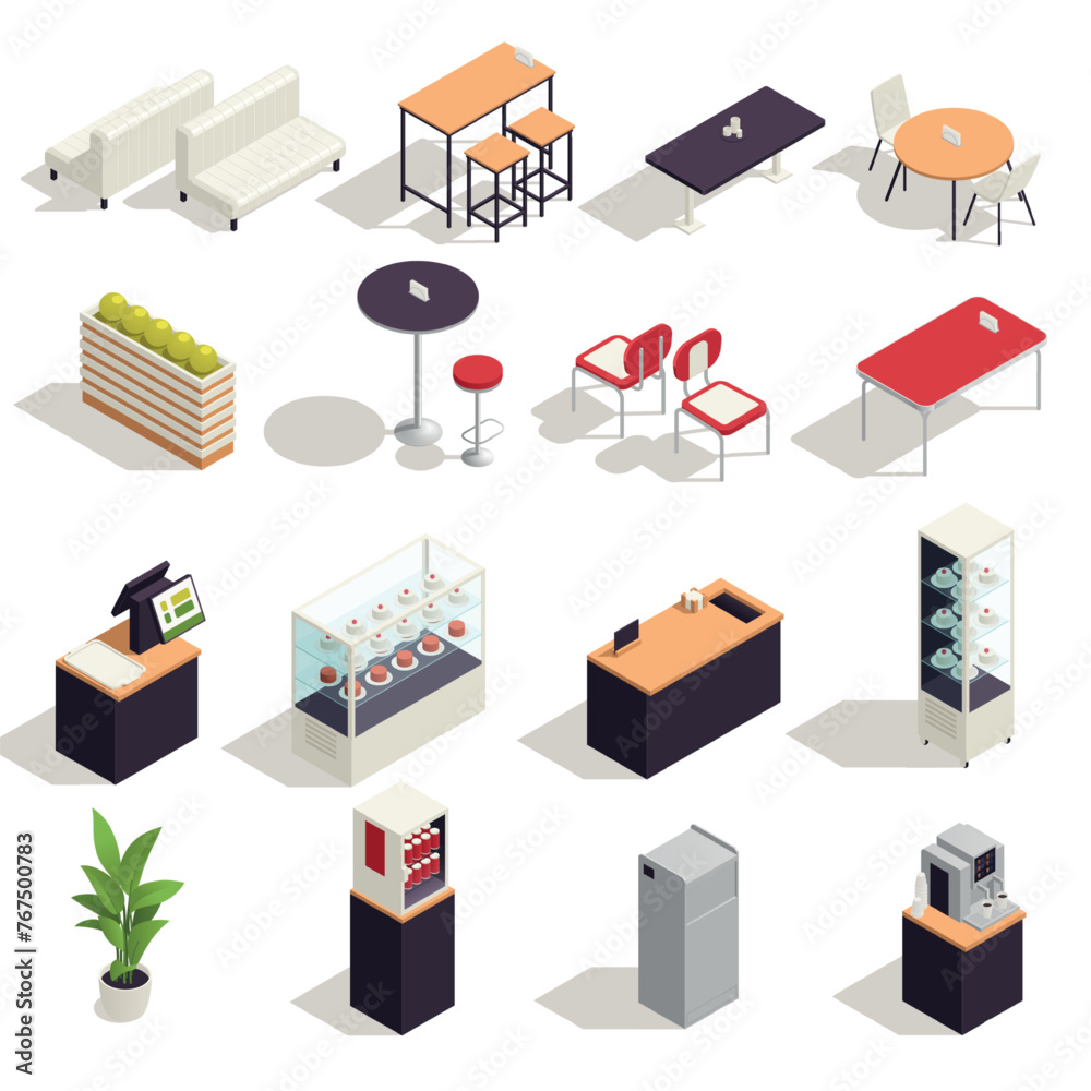 Food Court Elements Isometric Icon Set