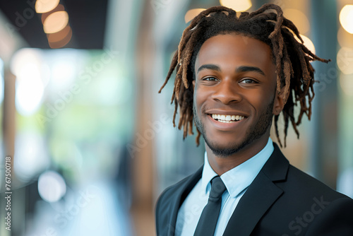 Smiling young black businessman in suit and tie, wearing dreads.