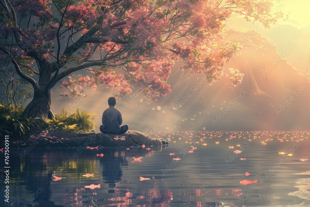 A tranquil meditation scene under a cherry blossom tree beside a reflective lake with soft sunlight piercing through A tranquil meditation scene under a cherry blossom tree beside a reflective lake with soft sunlight piercing through