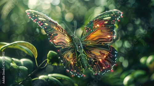 Vibrant cybernetic butterfly with intricate circuit pattern wings perched in a lush green environment © 220 AI Studio
