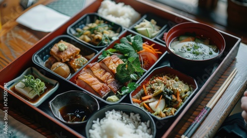 A shot of an intricately arranged bento box highlighting the careful placement of various dishes for an aesthetic and balanced lunch