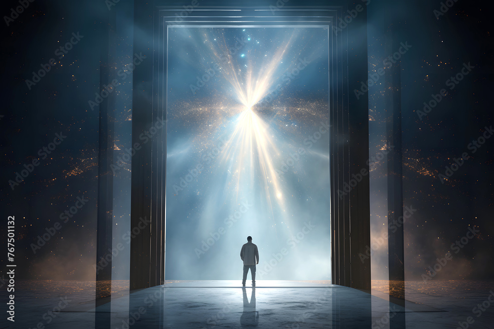 silhouette of a man in an open door in nature. the concept of going through a portal to another world. fantasy of transformation of another dimension of the universe silhouette of a man in an open door in nature. the concept of going through a portal to another world. fantasy of transformation of another dimension of the universe